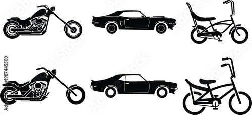 Black silhouettes of classic motorcycles muscle cars and retro bicycles displayed in a grid
