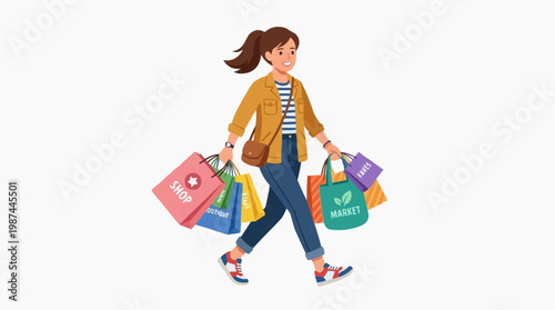 A happy shopper with several shopping bags in her hands is walking , and the shopping bags indicating shopping life.