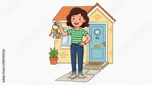 A woman stands in front of her new home, holding keys, ready to embark on a new chapter. This illustration captures the joy and anticipation of homeownership.