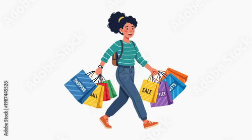 A cheerful woman strides confidently, her arms laden with shopping bags, showcasing a vibrant display of consumerism and a sense of retail therapy.