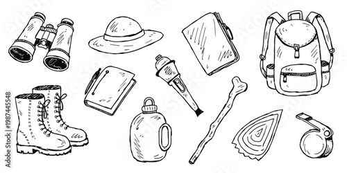 Sheet of 10 hand-drawn doodle elements including a bird, book, cloud, coffee cup, flower, lightbulb, and more, on a white background.
