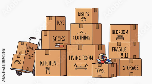 Boxes filled with household belongings, ready for a new chapter. Illustrated boxes stacked for moving.