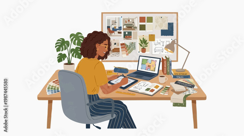 An interior designer meticulously sketches and plans at her desk, surrounded by mood boards and digital tools. A modern workspace showcasing the creative process and innovative ideas.