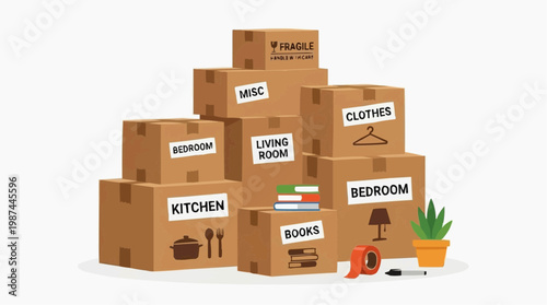 Stacked moving boxes overflowing with labeled contents, a symbolic representation of a new home. Capturing the sense of preparation and transition
