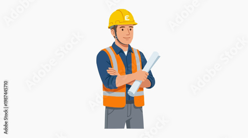 A construction worker wearing a safety vest and helmet confidently holds architectural plans, ready to oversee building projects.