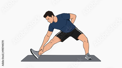 A man performs a hamstring stretch, engaging in a fitness routine. Emphasizing the physical activity, focusing on stretching, mobility, and healthy living.