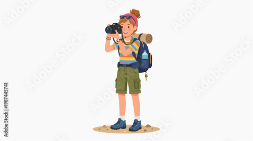 Capturing the World: A Young Photographer's Adventure, embodies the spirit of exploration and creativity. A vibrant depiction of a young woman, equipped with a camera.