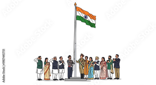 Diverse group of Indian people saluting the national flag on Independence Day.