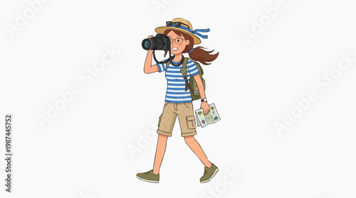 A young explorer, camera in hand, sets off on an adventure, ready to capture the beauty of the world, with a map to guide her way.