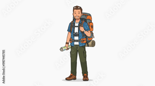 A seasoned traveler with a large backpack embarks on an exciting journey, map and camera in hand, ready to explore the world's hidden treasures.