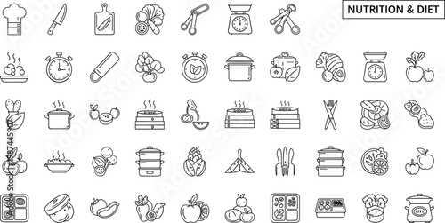 Nutrition and diet cooking food outline icon set including vegetables kitchen tools healthy ingredients meal preparation symbols vector collection