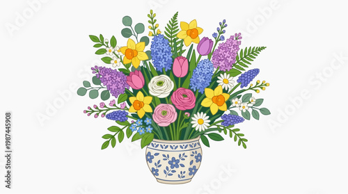 A vibrant floral display blooms, showcasing a kaleidoscope of springtime flowers in a decorative vase.