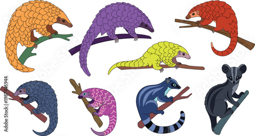 Colorful Pangolin and Exotic Civet Collection with Various Wild Mammal Species Perched on Branches