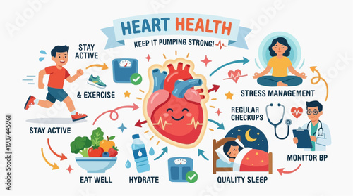An illustrated guide to heart health, emphasizing lifestyle choices for a strong and healthy heart, including exercise, a balanced diet, stress management, and regular checkups.