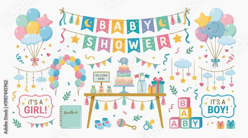 A whimsical illustration of a baby shower, decorated with pastel-colored balloons, bunting, and a celebratory cake. A delightful and joyful setup perfect for welcoming a new arrival.