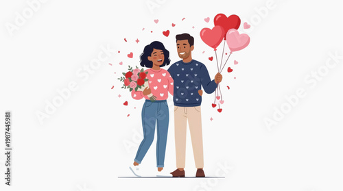 A heartwarming illustration showcasing a loving couple, celebrating a special occasion with a bouquet of flowers and heart-shaped balloons, symbolizing love and togetherness. 