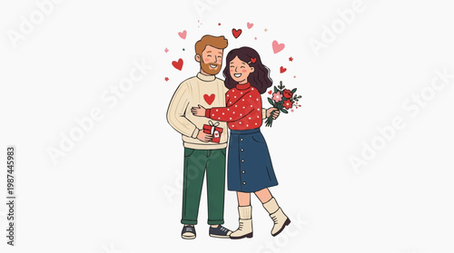 A heartwarming scene captures a couple embracing tenderly, surrounded by symbols of love. A man tenderly offers a gift to the woman in his arms, the atmosphere filled with affection and celebration.