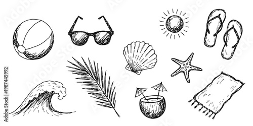 Hand-drawn doodle sheet with 10 elements including a blackboard, gears, and a lightbulb, designed for creative brainstorming and project planning