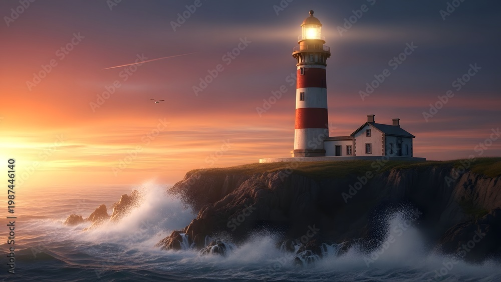 Obraz premium Lighthouse stands tall at coastline cliff during sunset in atmospheric environment