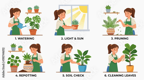 A visual guide showcasing a woman taking care of plants, illustrating the steps involved in nurturing indoor plants. A vibrant display of greenery and nurturing care.
