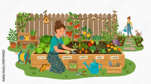 A woman tending to her flourishing garden, nurturing vibrant vegetables. A scene of joyful gardening and harvest abundance.