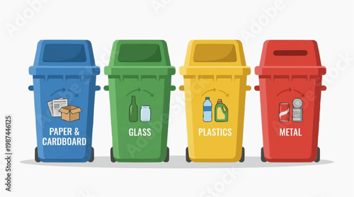 A colorful array of recycling bins, clearly labeled for paper, glass, plastic, and metal, showcases the concept of waste segregation. Emphasizing eco-friendliness.