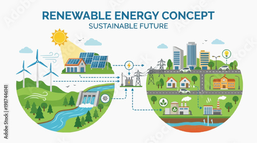 A vibrant depiction illustrates the concept of renewable energy and its role in forging a sustainable future, visually articulating a balanced contrast between ecological power sources.