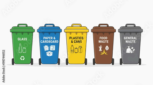 Recycling Bins in a Row: A visually informative image, depicting a lineup of colorful recycling bins, each designated for a specific type of waste.