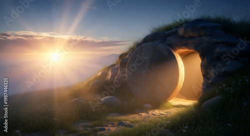 Dramatic religious portrait of resurrection empty tomb illuminated by powerful sunrise light symbolizing hope and redemption