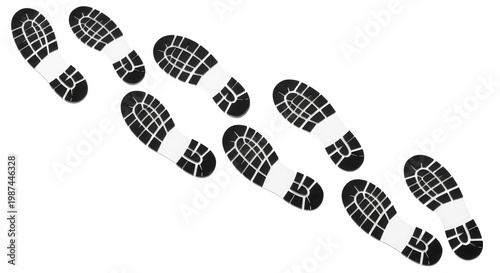 Set of black footprints with pixelated texture walking in a row isolated on transparent background