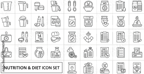 Nutrition and diet outline icon set including calorie tracking meal planning healthy food kitchen scale wellness symbols vector collection