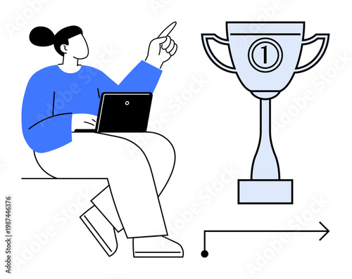 Achievement concept. Achievement ed by a person working on a laptop and pointing at a trophy. Achievement goal setting, teamwork, productivity, rewards, career growth