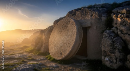 Jesus Christ resurrection scene with empty tomb illuminated by divine sunrise rays breaking through dramatic sky