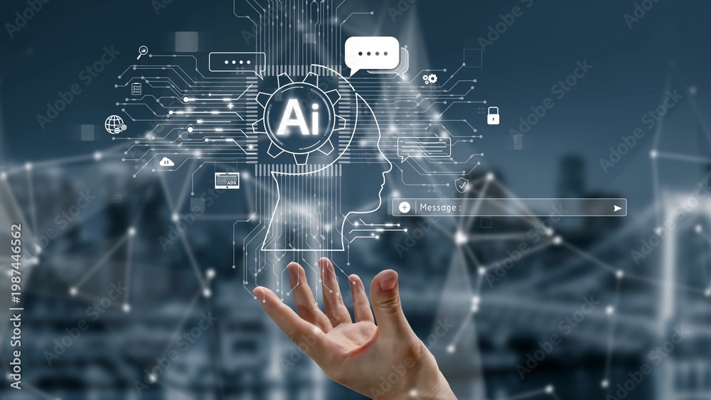 Obraz premium AI Assistant Brain Processor with LLM Technology, Big Data, Machine Learning, Generative AI for Business Support, Future Agentic AI Technology and Artificial Intelligence Prompt Engineering. Muxer