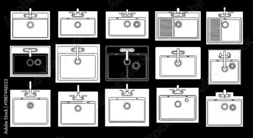 Kitchen Sink Top View Blueprint Vector – Detailed AutoCAD Plumbing Fixture Layout Plan White Outline on Black Background