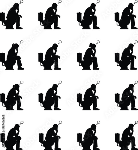Silhouettes of People Sitting on Toilet Thinking with Idea Bubbles Various Poses Set