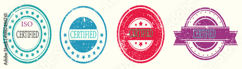 Certified Stamp Badges Set Vintage Retro Style ISO Certified Badge Collection Grunge Rubber Stamps Certified Seal Icons Vintage Quality Assurance Labels