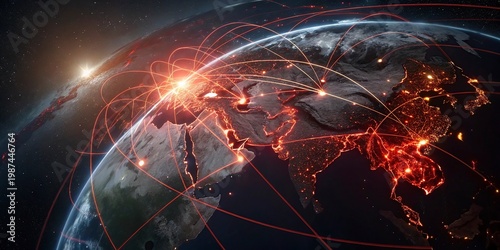 Global network connections, earth from space, international relations, glowing red lines