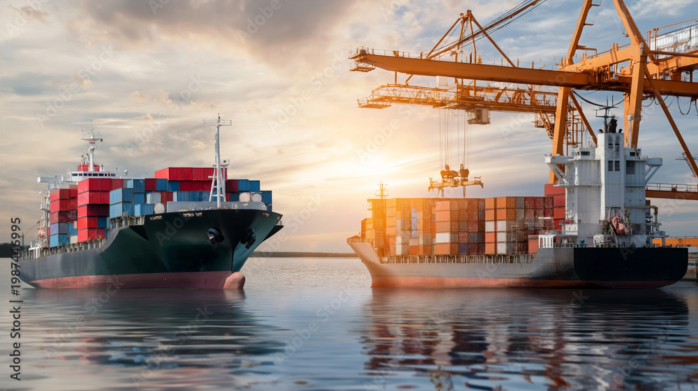 Fototapeta premium Trade ships exchanging goods at a busy China-U.S. port