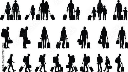 Black silhouette set of travelers and tourists with luggage, suitcases, and backpacks for travel and vacation themes.