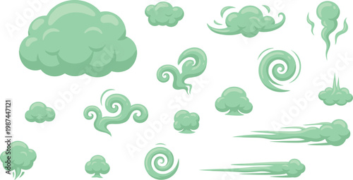 Green vector illustration set of toxic gas clouds, smoke swirls, and atmospheric wind effects.