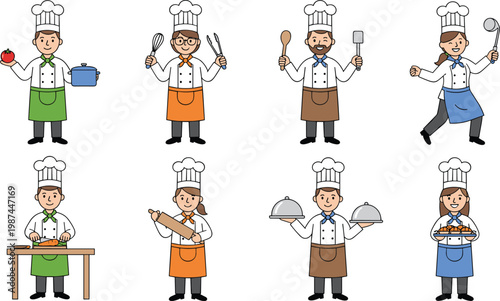 Professional vector illustration set of male and female chefs and bakers in uniform performing kitchen tasks and serving food.
