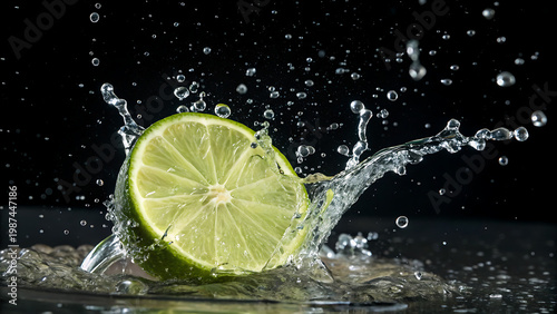 Fresh lime slice splashing into water with vibrant citrus droplets on dark background