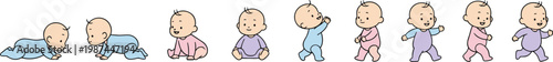 Vector illustration of baby development stages from crawling to sitting, standing with support, and walking independently