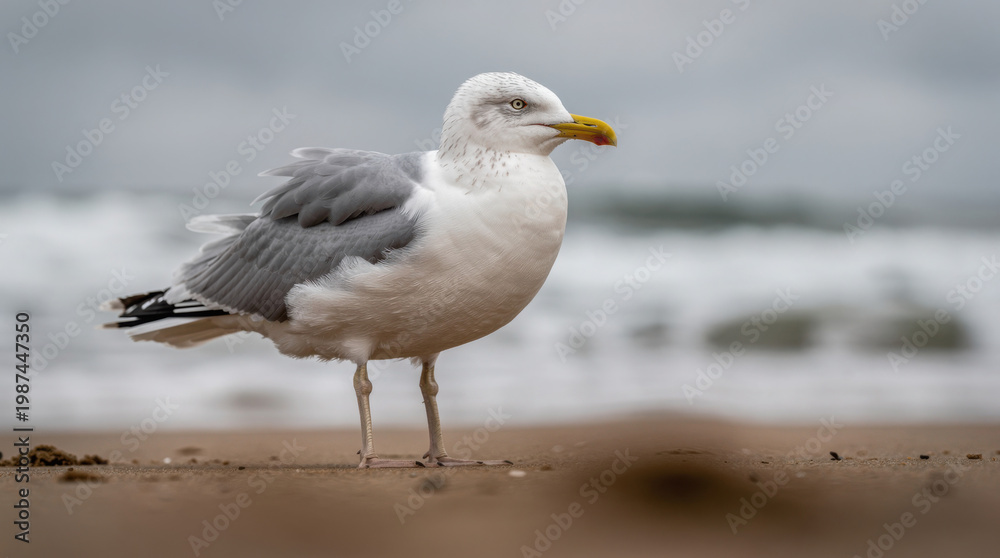 Fototapeta premium Seagull Bird Low Angle Beach Wildlife Telephoto Shot Natural Frame Copy Space