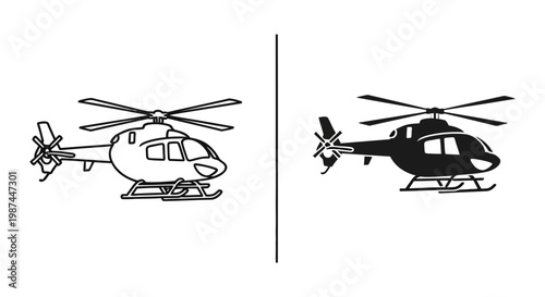2 Helicopter linear icons rotor blades cockpit skids tail propeller, UI and web interface design