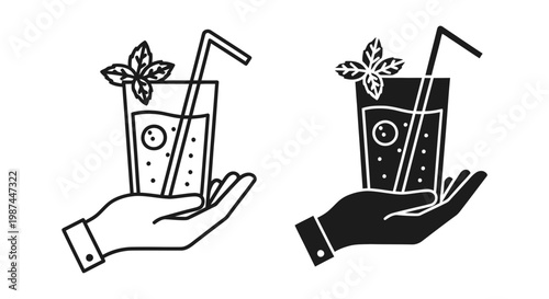 2 Cocktail linear icons hand holding drink glass mint leaf straw garnish, UI and web interface design