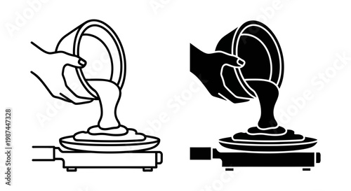 2 Pancake batter pouring linear icons hand holding bowl frying pan, UI and web interface design