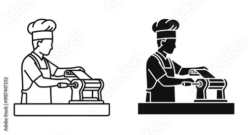 2 Pasta maker linear icons chef rolling dough machine, kitchen equipment, restaurant UI and web interface design
