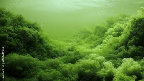 Underwater Green Landscape: An ethereal underwater view, with vibrant green algae creating an abstract landscape. The scene evokes a sense of mystery and tranquility.